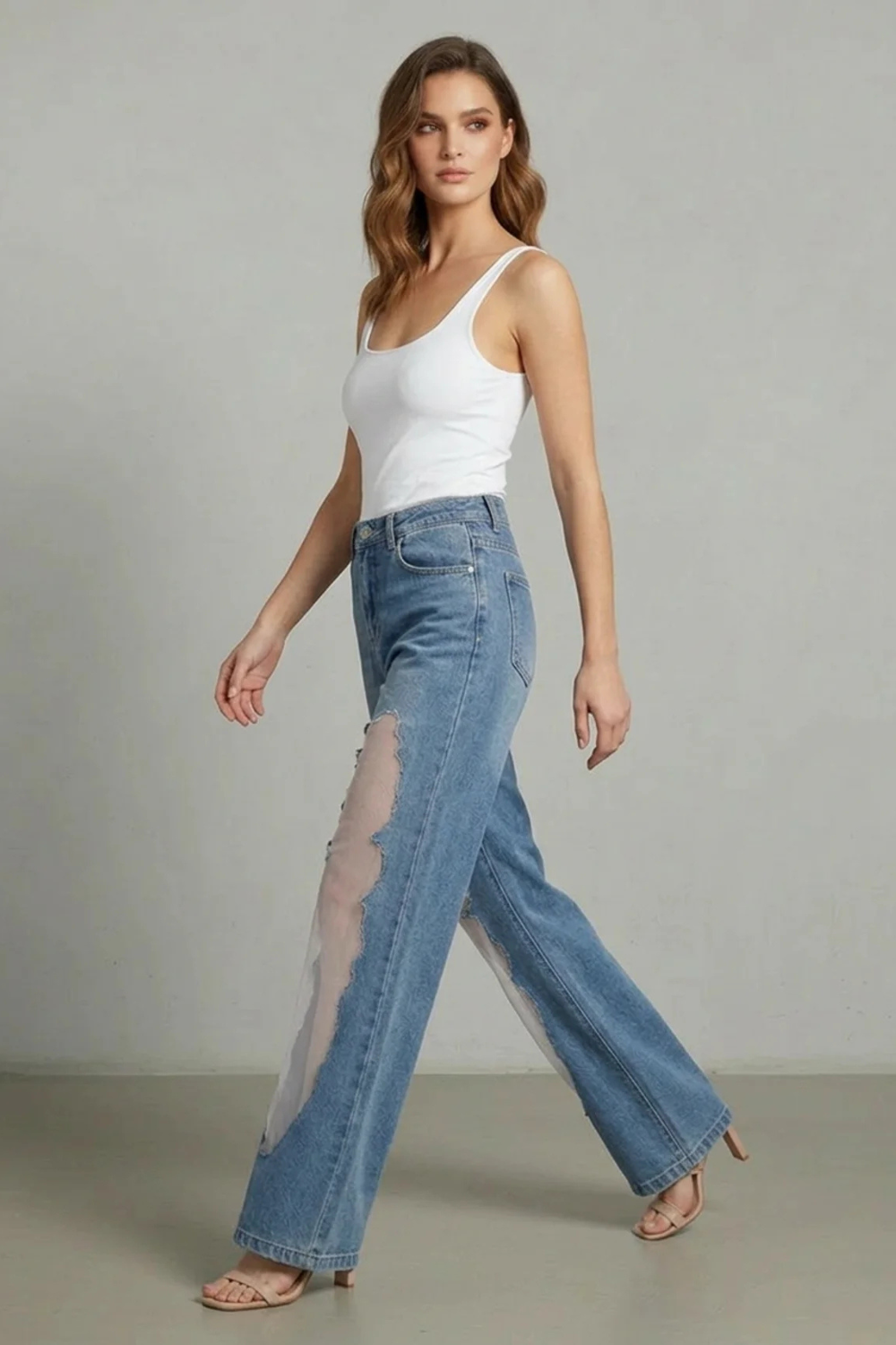 Women's High Waisted Wide Leg Patchwork Jeans - Ondrelle