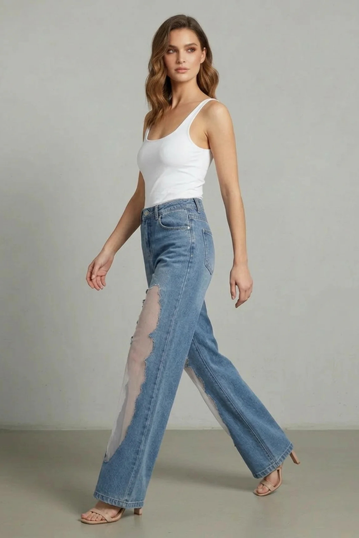 Women's High Waisted Wide Leg Patchwork Jeans - Ondrelle