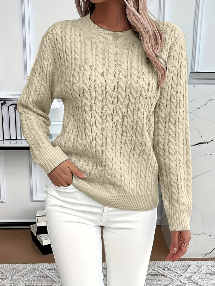 Women's cable knit jumper Rosalina in Khaki – front view hand in pocket
