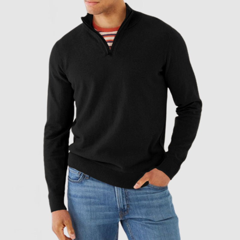 Men's Fine Knit Quarter Zip Jumper – Zarek in Black, front view