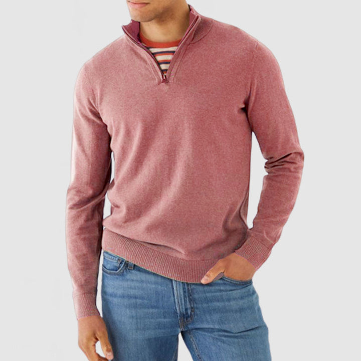 Men's Fine Knit Quarter Zip Jumper – Zarek in Pink, front view