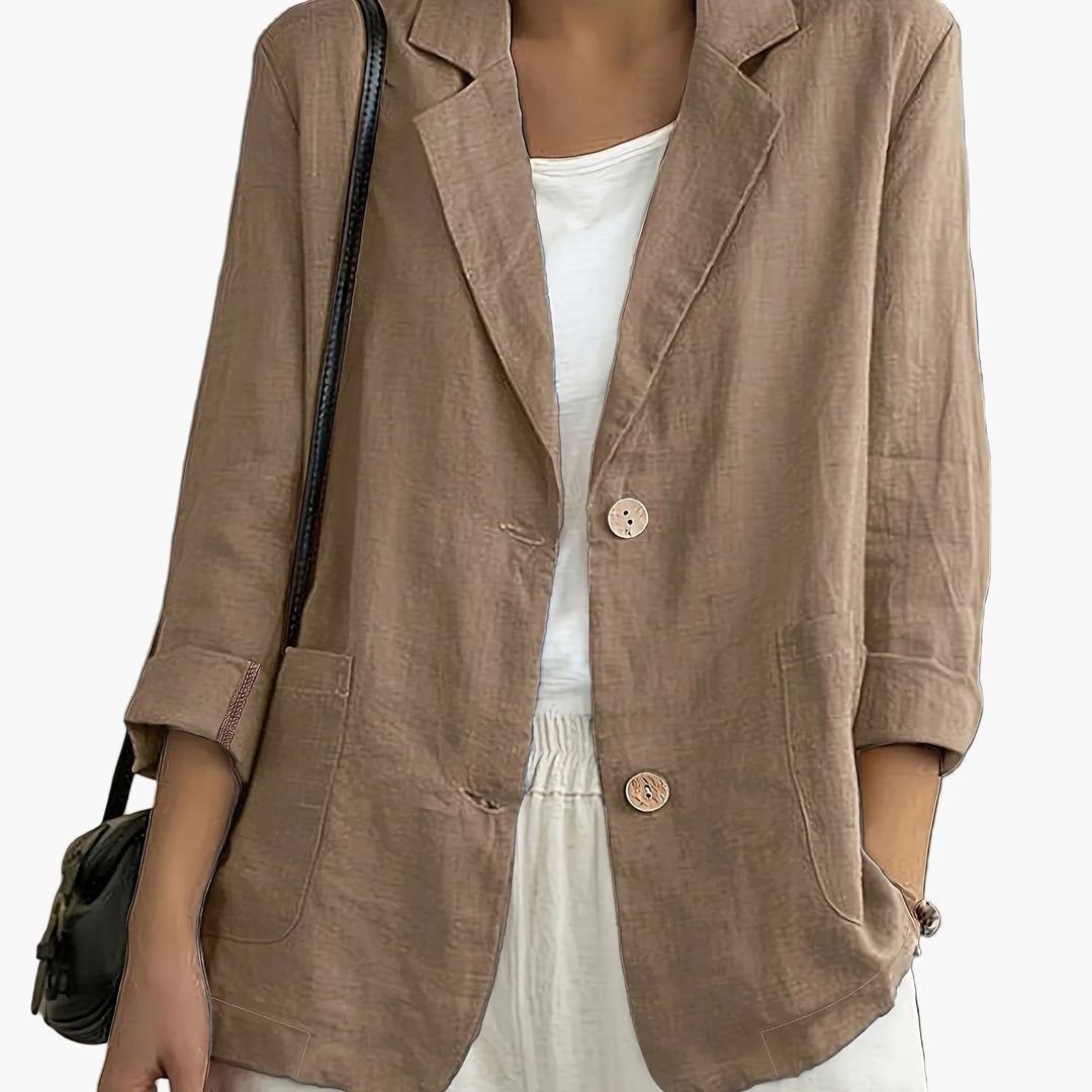 Women's Linen-Look Blazer with Patch Pockets and Rolled Sleeves – Ascot – Camel – detail view