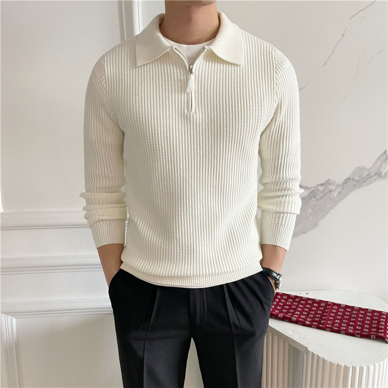 Men's waffle knit half zip polo jumper in white – Sylar – front view over T-shirt
