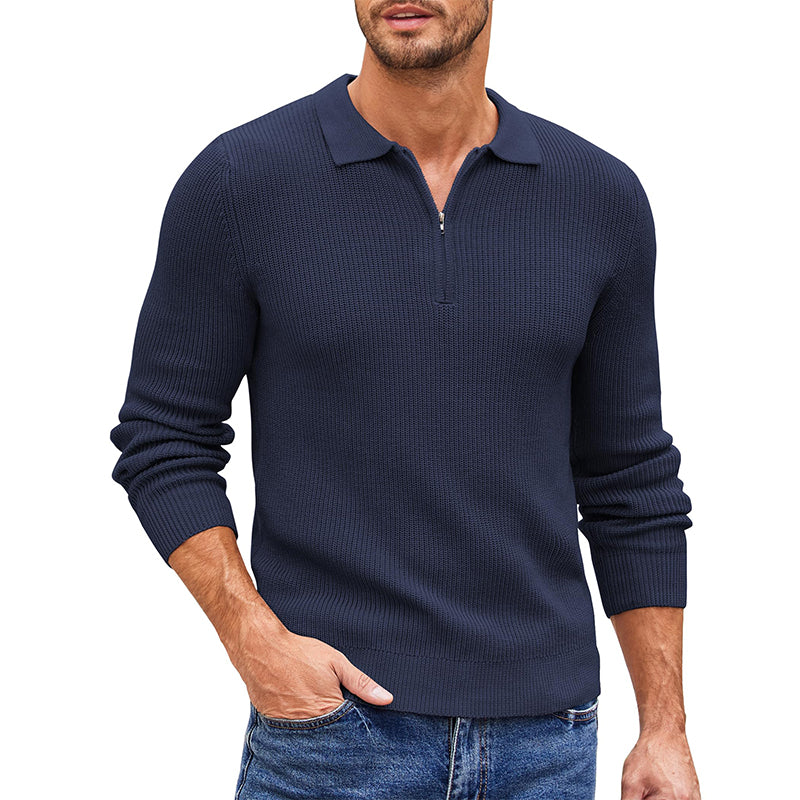 Men's Ribbed Zip Polo Jumper – Hambledon in Navy Blue, front view