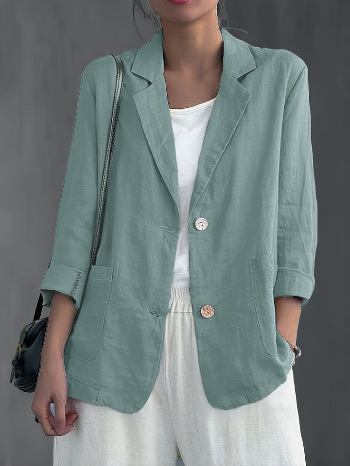 Women's Linen-Look Blazer with Patch Pockets and Rolled Sleeves – Ascot – Light Green – front view