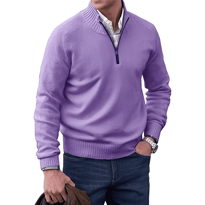 Men's soft knit quarter zip jumper Linton in Purple – front view
