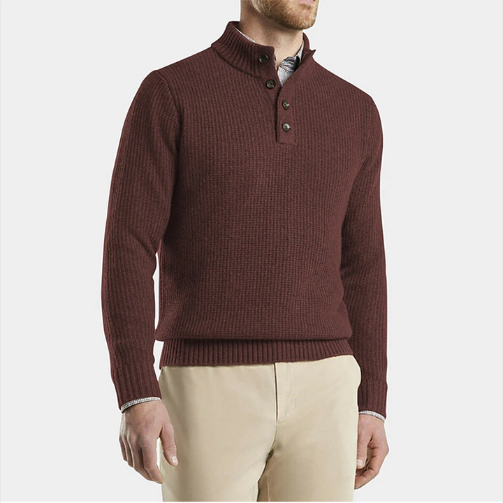 Men's Button Neck Knitted Jumper – Yorick in Burgundy, front view