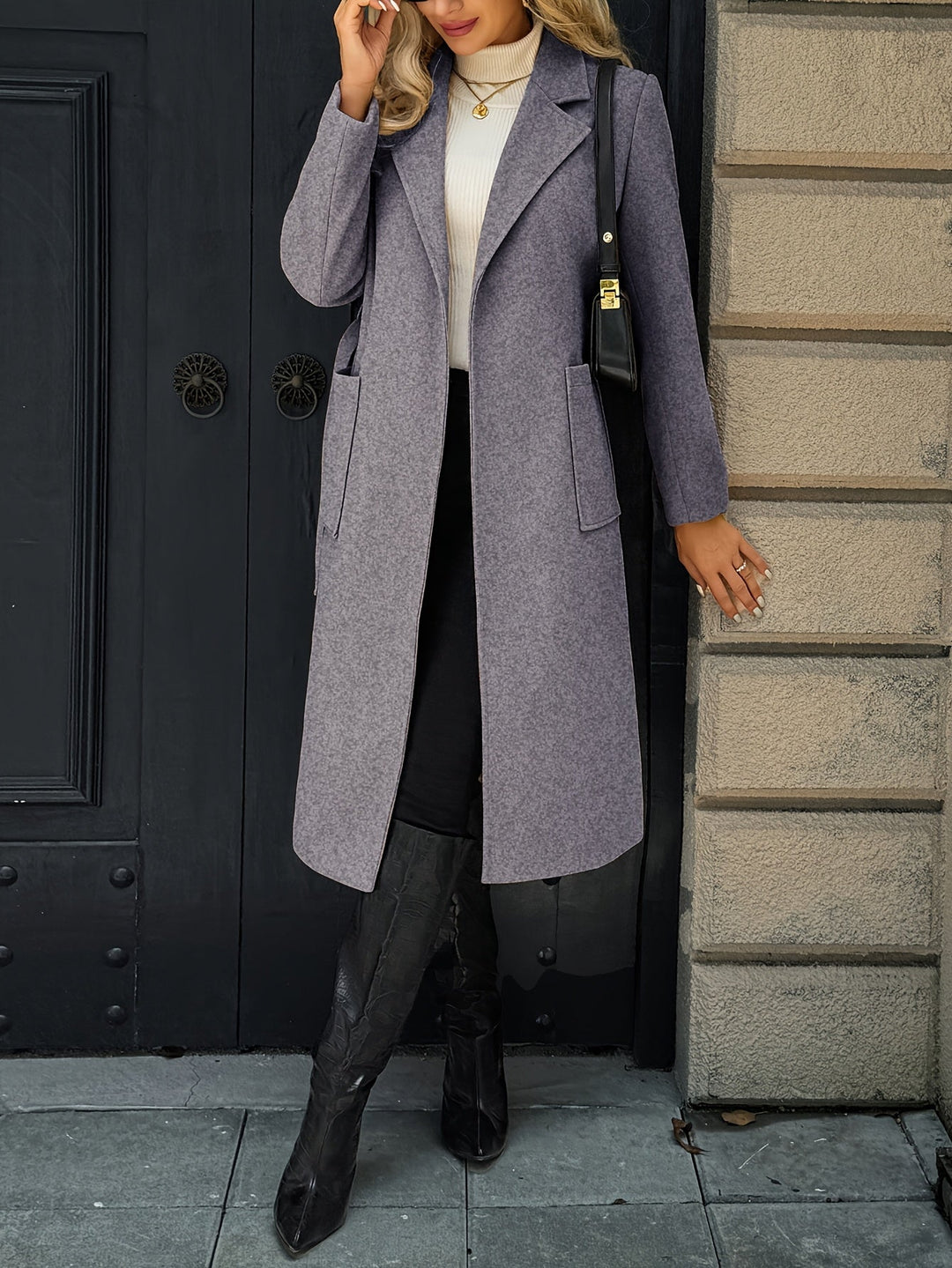 Women's belted wrap coat Romilly in Grey – open front full-length view