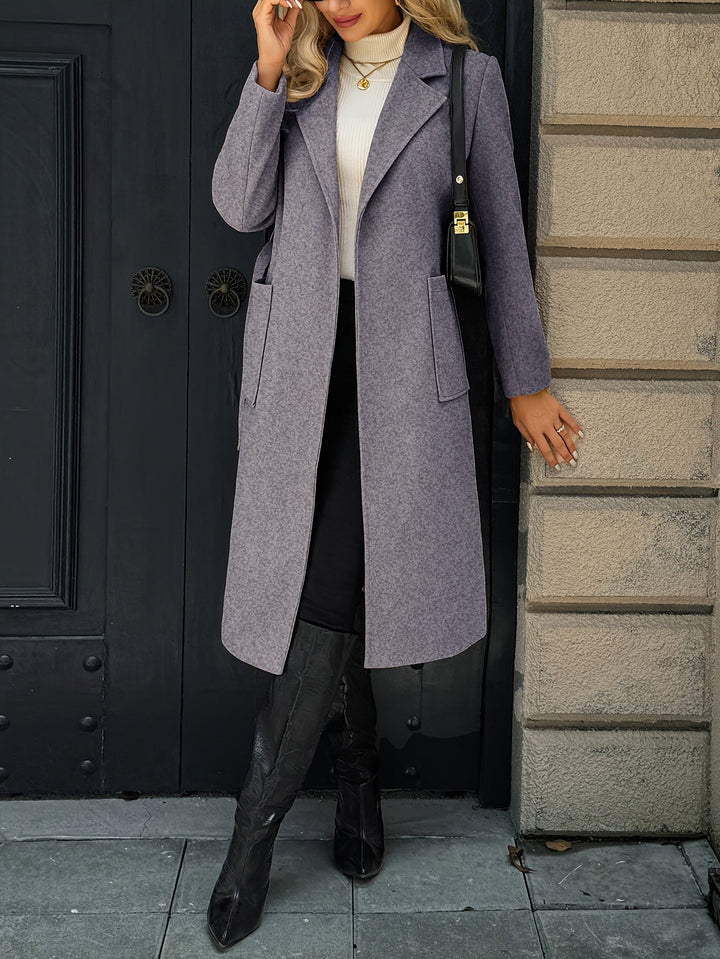 Women's belted wrap coat Romilly in Grey – open front full-length view