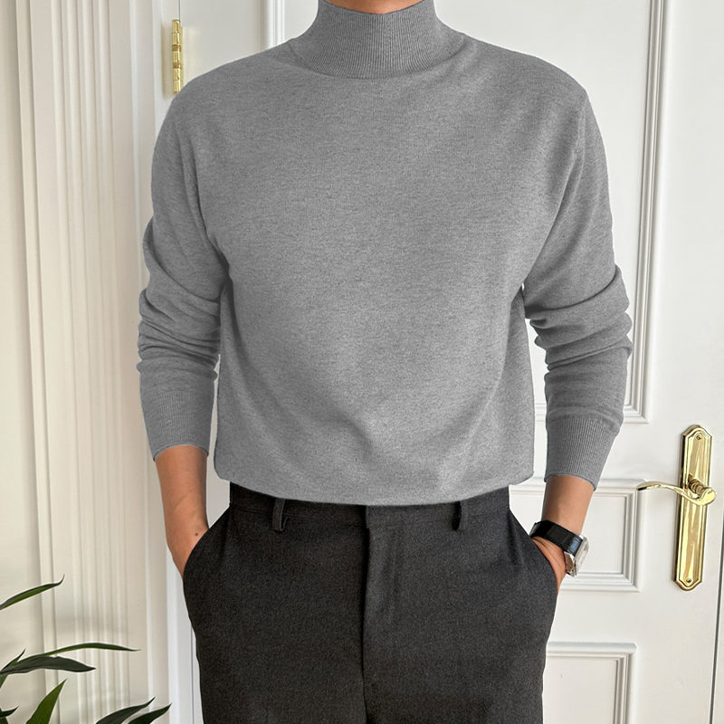 Men's fine knit mock neck jumper Piers – light grey shade, front view
