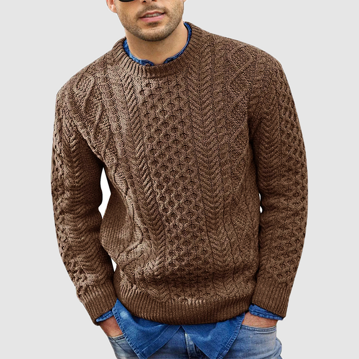Men's cable knit crew neck jumper Zevran in Brown – front view worn over a denim shirt