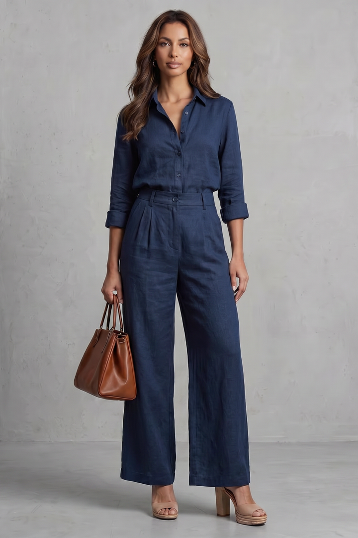 Women's Linen Look Shirt and Wide-Leg Trouser Co-ord Set - Delphiere
