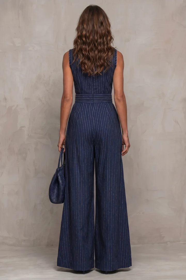 Women's Striped Wide Leg Jumpsuit with Keyhole Neckline - Ambrielle