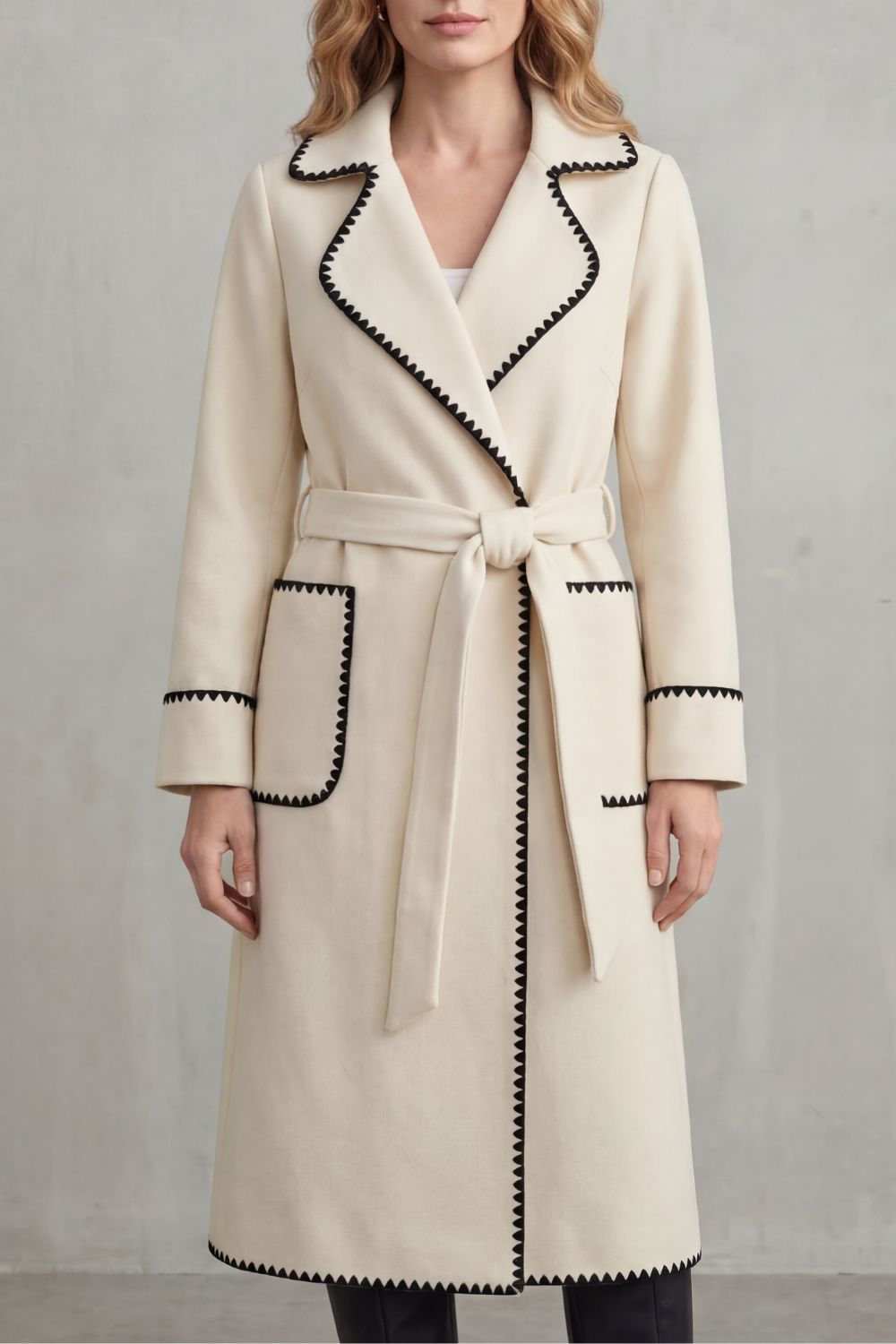 Women's Longline Belted Coat with Contrast Trim – Esme