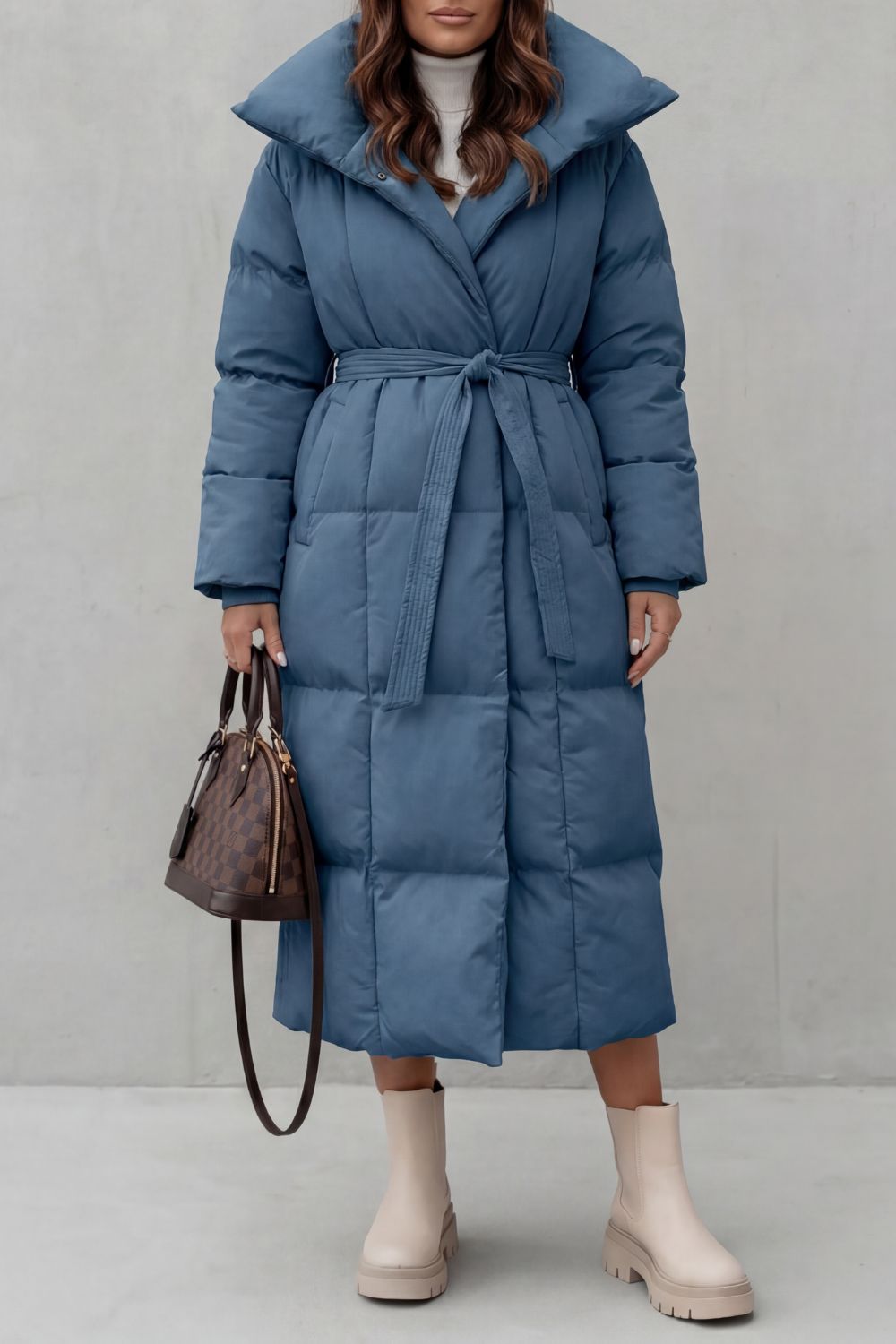 Women's Belted Long Puffer Coat with Silhouette Design – Ines