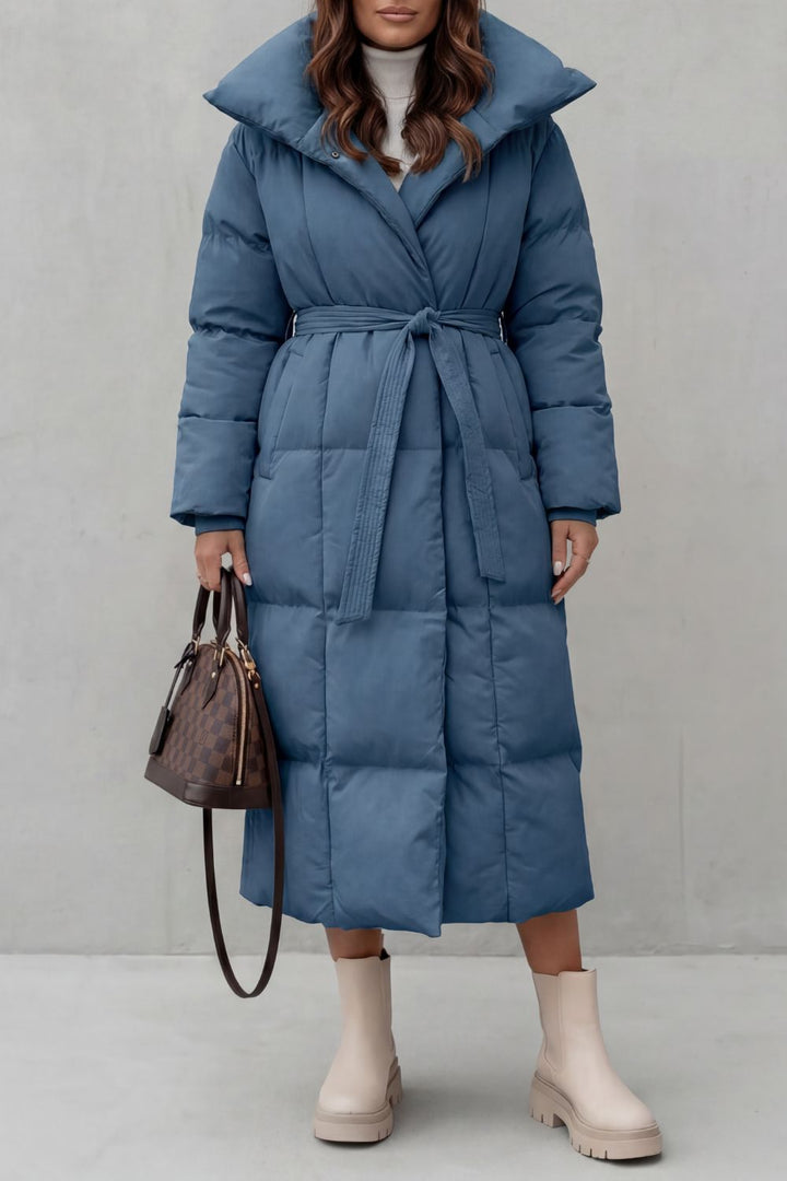 Women's Belted Long Puffer Coat with Silhouette Design – Ines