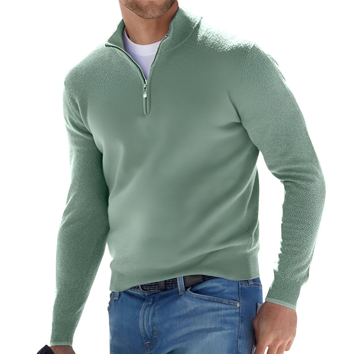 Men's green fine knit half zip jumper – front view