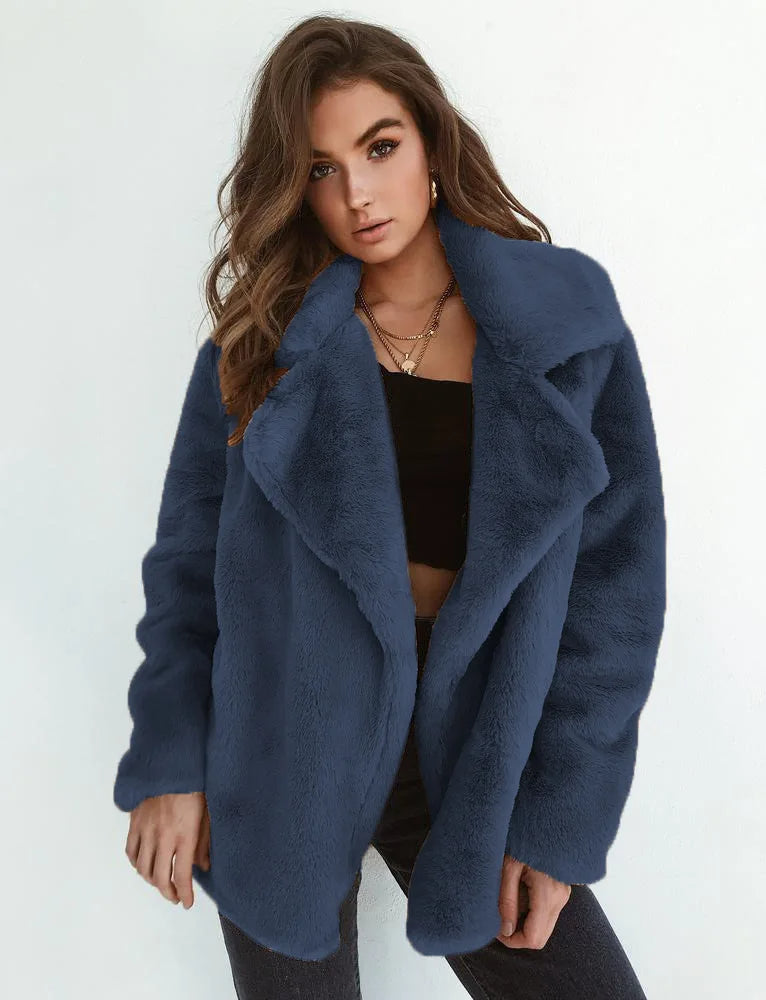 Women's Faux Fur Teddy Jacket with Wide Lapel Collar