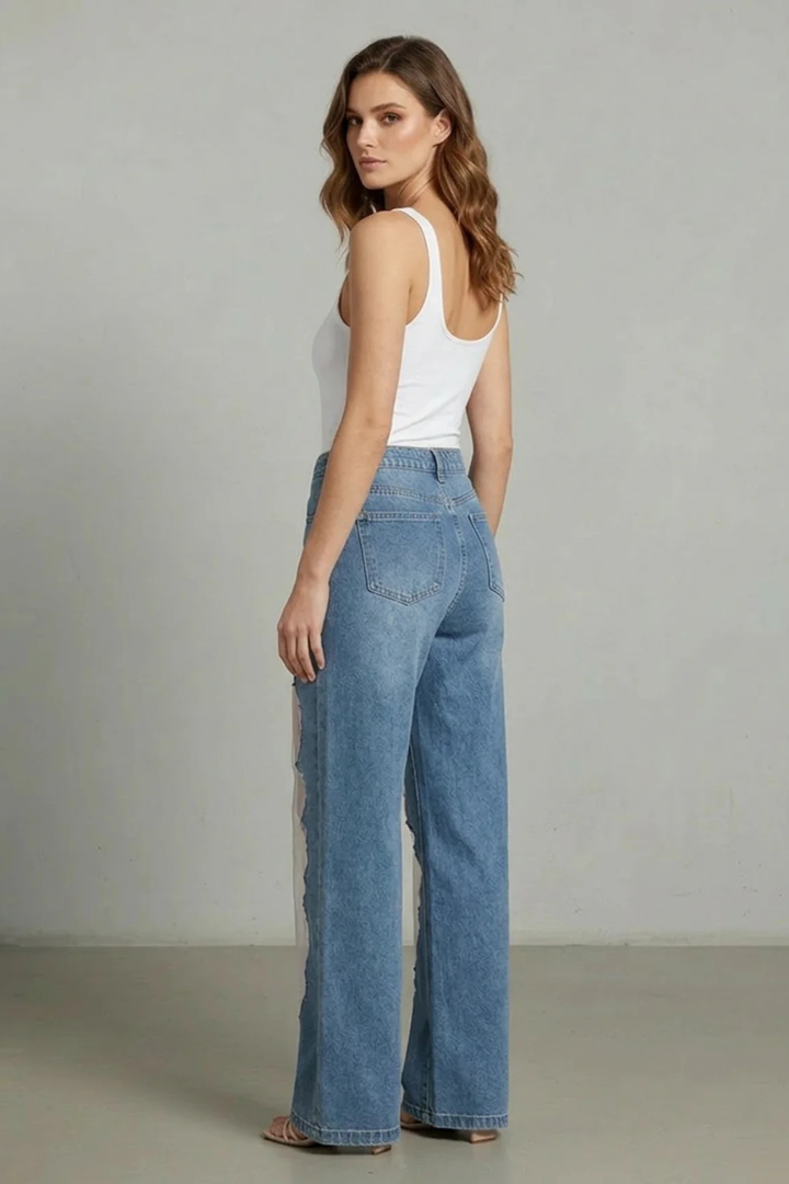 Women's High Waisted Wide Leg Patchwork Jeans - Ondrelle
