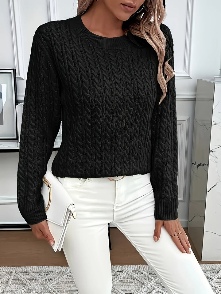 Women's cable knit jumper Rosalina in Black – styled with white bag