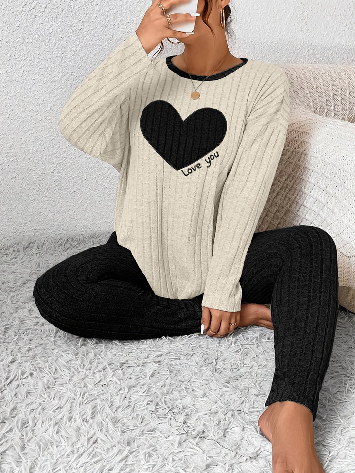 Women's Heart Print Loungewear Set Long Sleeve Top Trousers