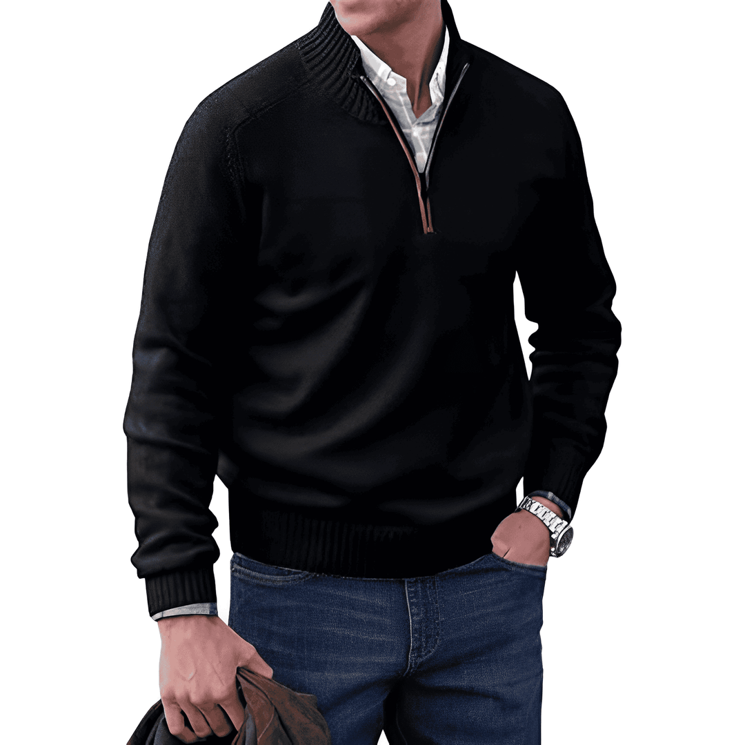 Men's soft knit quarter zip jumper Linton in Black – front view