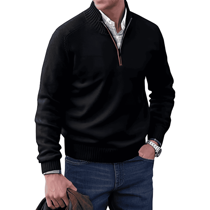 Men's soft knit quarter zip jumper Linton in Black – front view