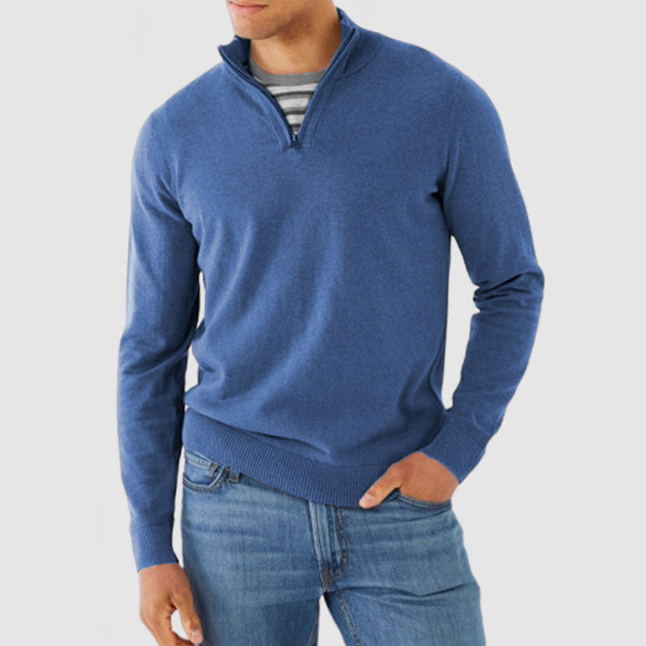 Men's Fine Knit Quarter Zip Jumper – Zarek in Blue, front view