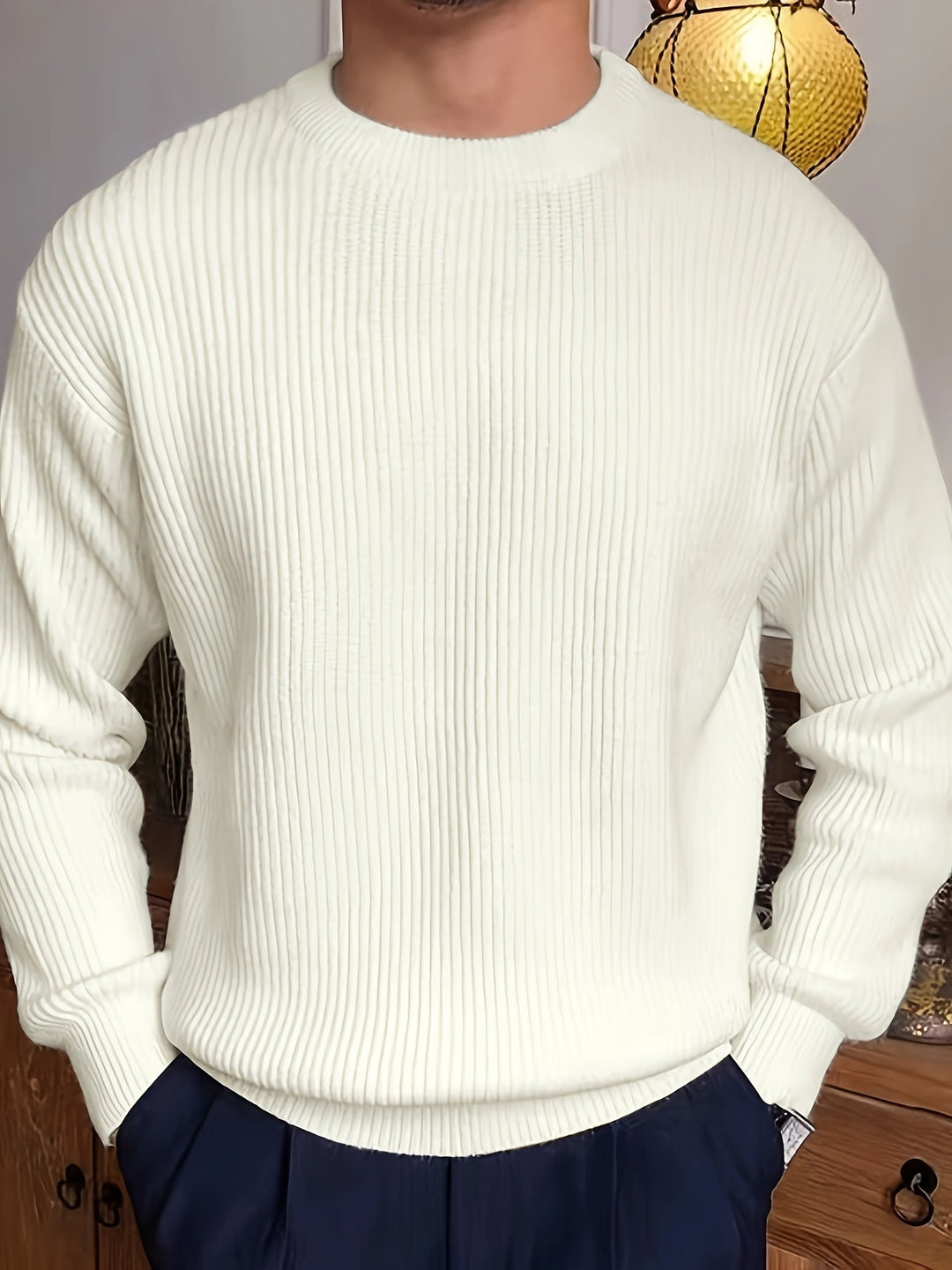 Men's ribbed crew neck jumper in white – Quinlan – front view