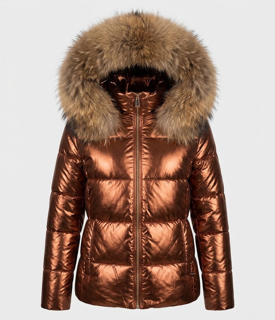 Tadcaster women's faux fur hood puffer jacket in Metallic Bronze – front view