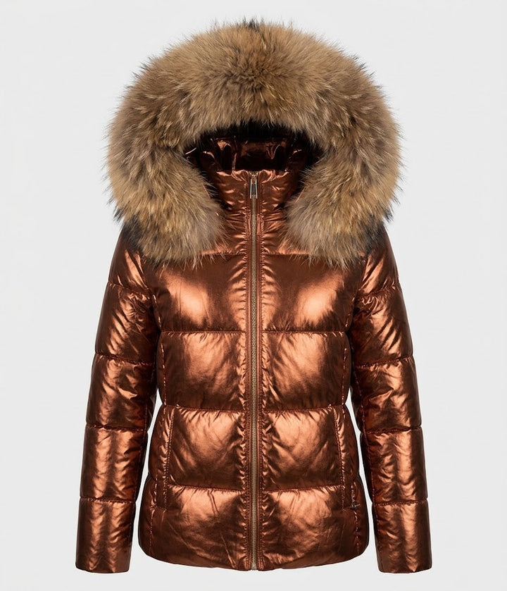 Tadcaster women's faux fur hood puffer jacket in Metallic Bronze – front view