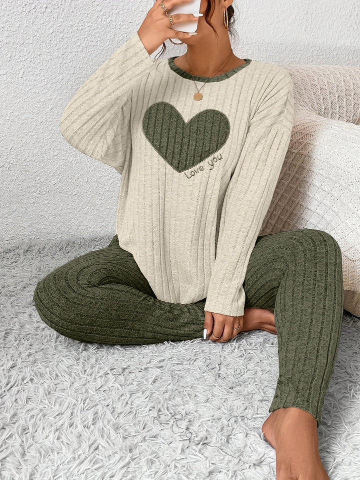Women's Heart Print Loungewear Set Long Sleeve Top Trousers