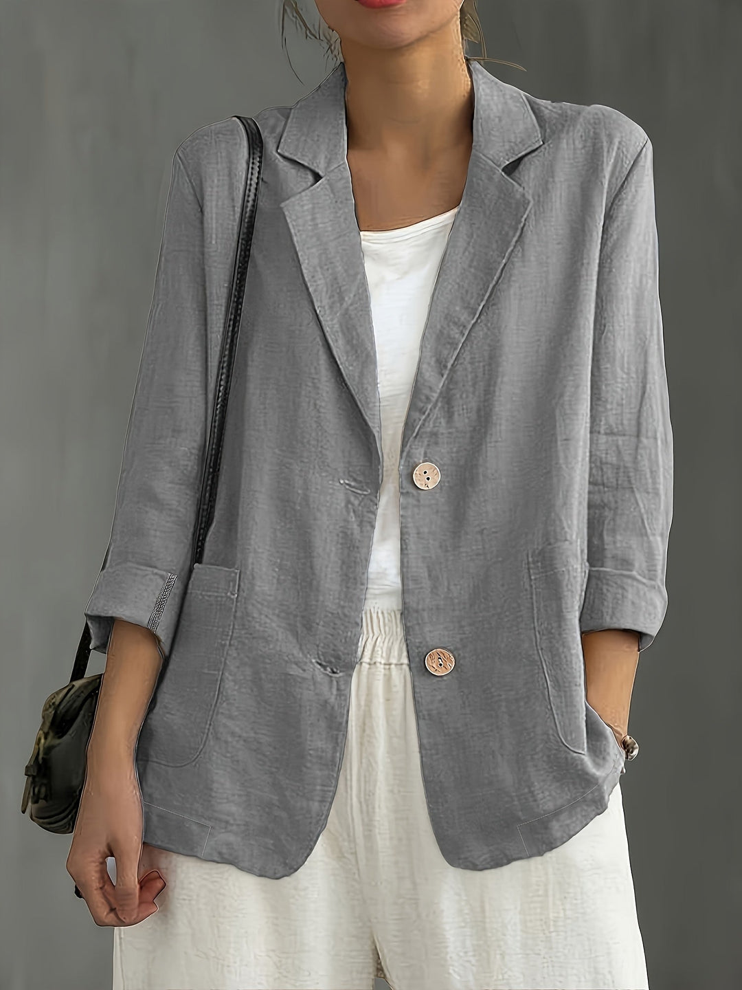 Women's Linen-Look Blazer with Patch Pockets and Rolled Sleeves – Ascot – Grey – front view