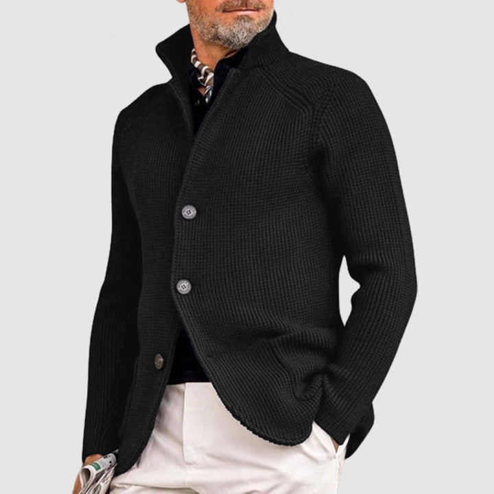 Men's stand collar knit cardigan Jorvik in Black – front view