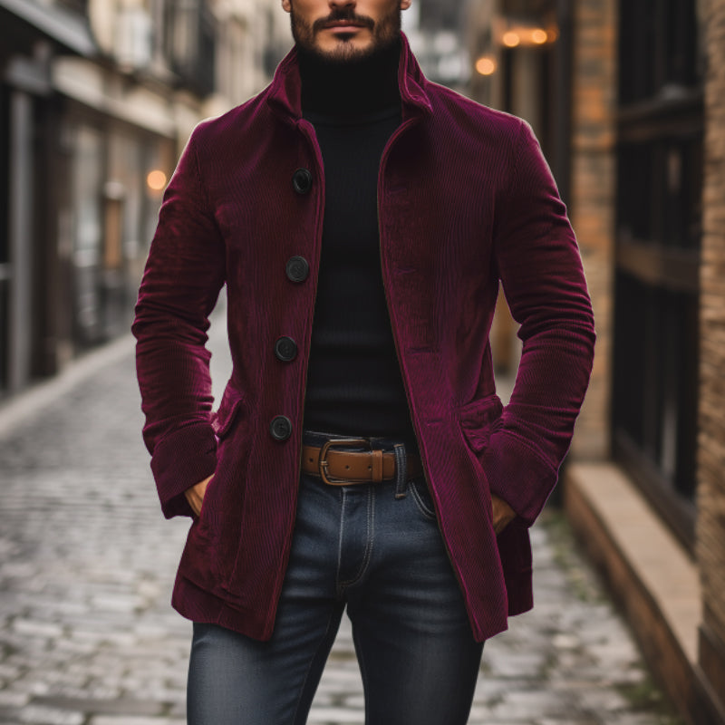 Men's corduroy coat Dorrington in Burgundy – single-breasted style, worn outdoors