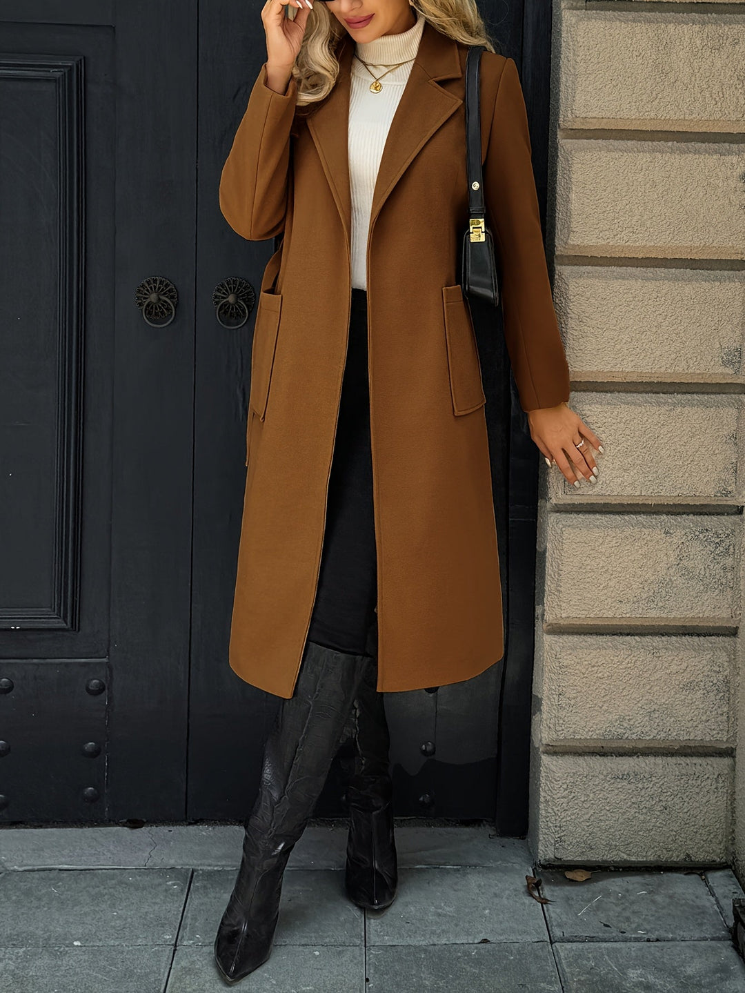 Women's belted wrap coat Romilly in Light Brown – close-up front view