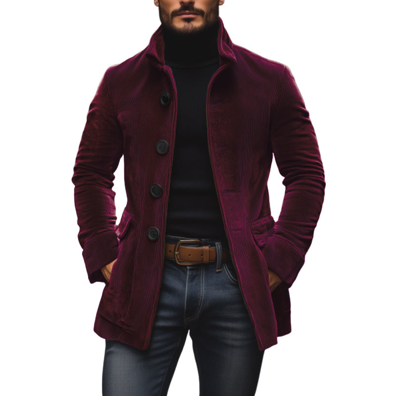 Men's corduroy coat Dorrington in Burgundy – single-breasted style, front view