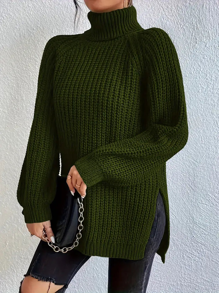 Annie - Women's chunky roll neck jumper in Olive Green – front view