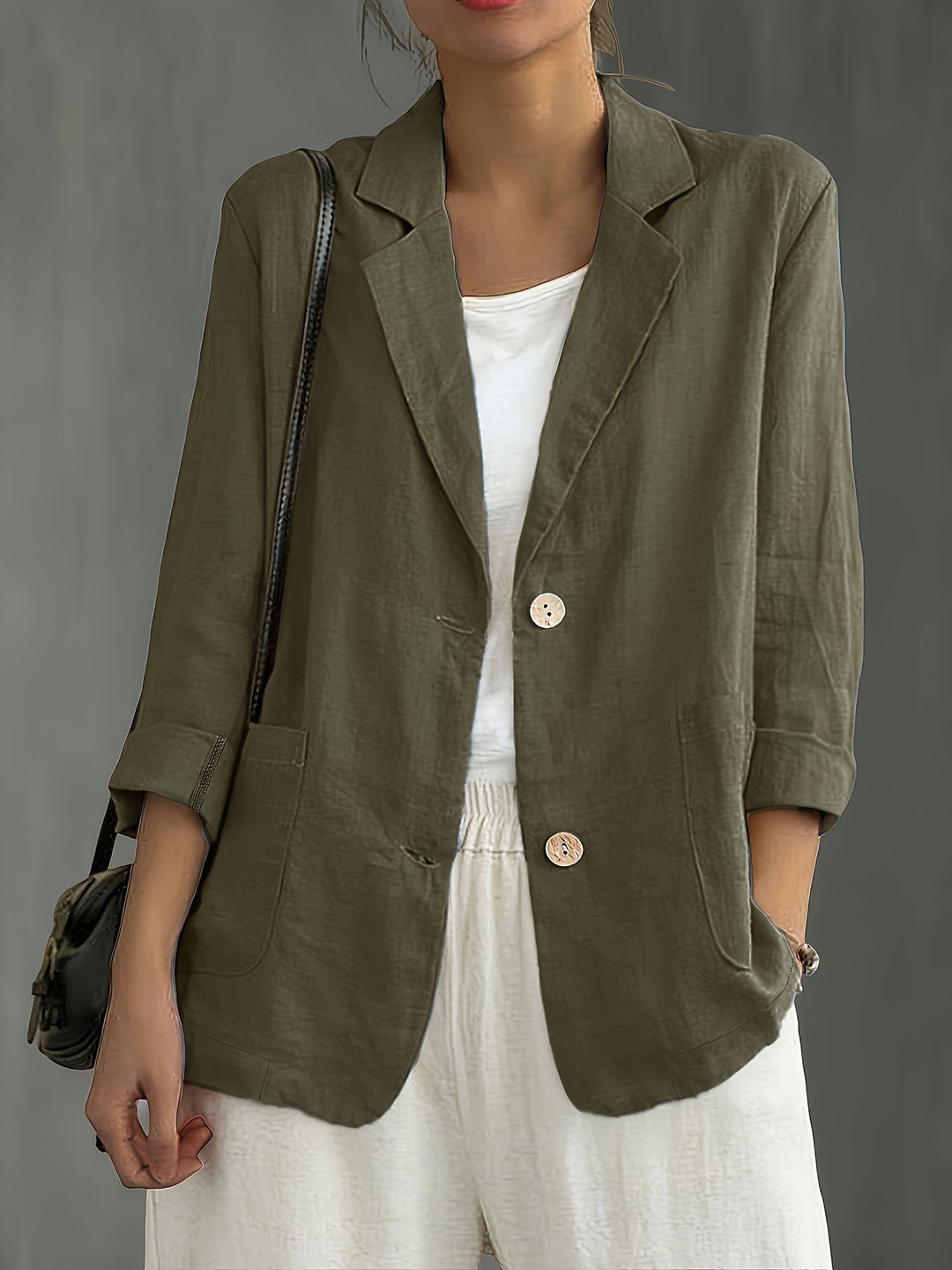 Women's Linen-Look Blazer with Patch Pockets and Rolled Sleeves – Ascot – Khaki Green – front view