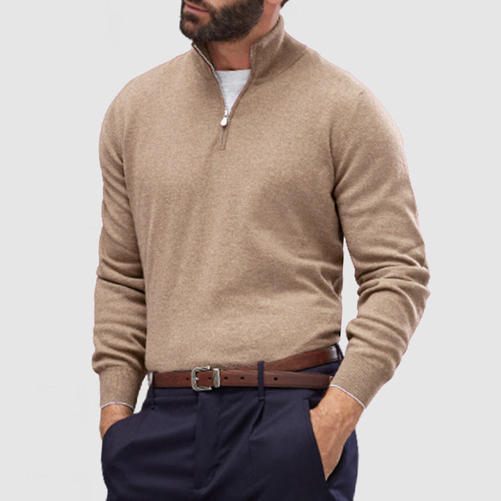 Men's Smooth Knit Quarter Zip Jumper – Jett in Khaki, front view