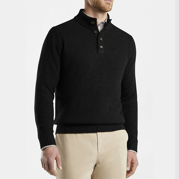 Men's Button Neck Knitted Jumper – Yorick in Black, front view