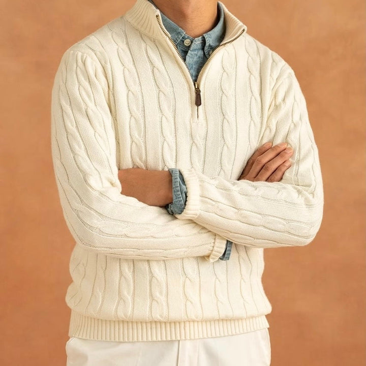 Men's Cable Knit Quarter Zip Jumper – Axiom in Cream, arms crossed view
