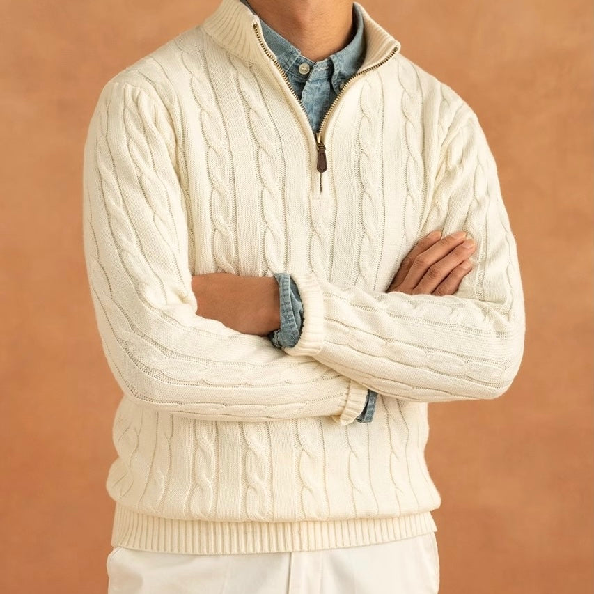 Men's Cable Knit Quarter Zip Jumper – Axiom in Cream, close front view