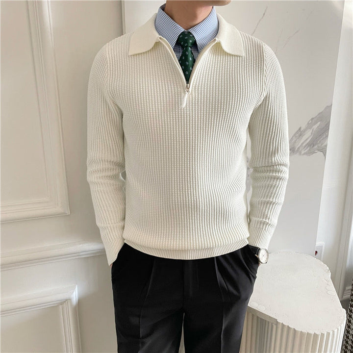 Men's waffle knit half zip polo jumper in white – Sylar – worn over shirt and tie