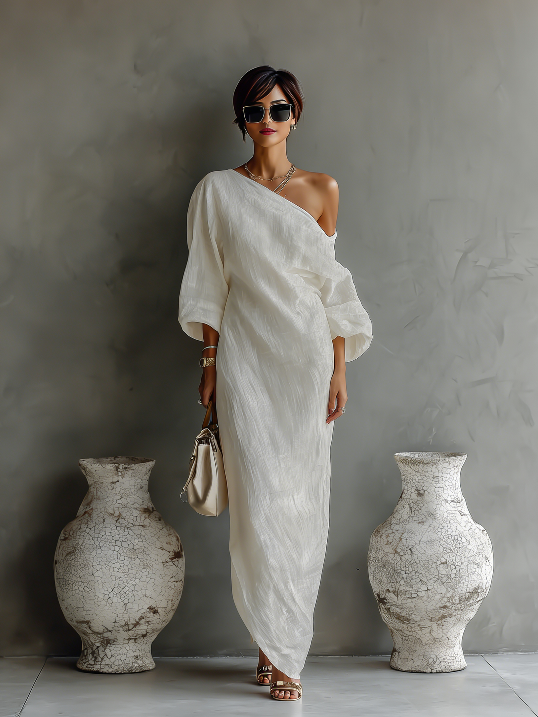 Aurora | Ivory One-Shoulder Flowing Maxi Dress
