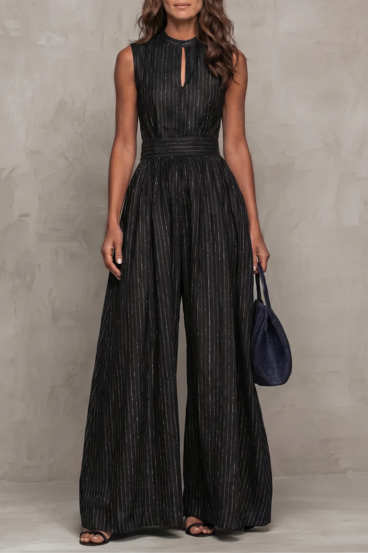 Women's Striped Wide Leg Jumpsuit with Keyhole Neckline - Ambrielle