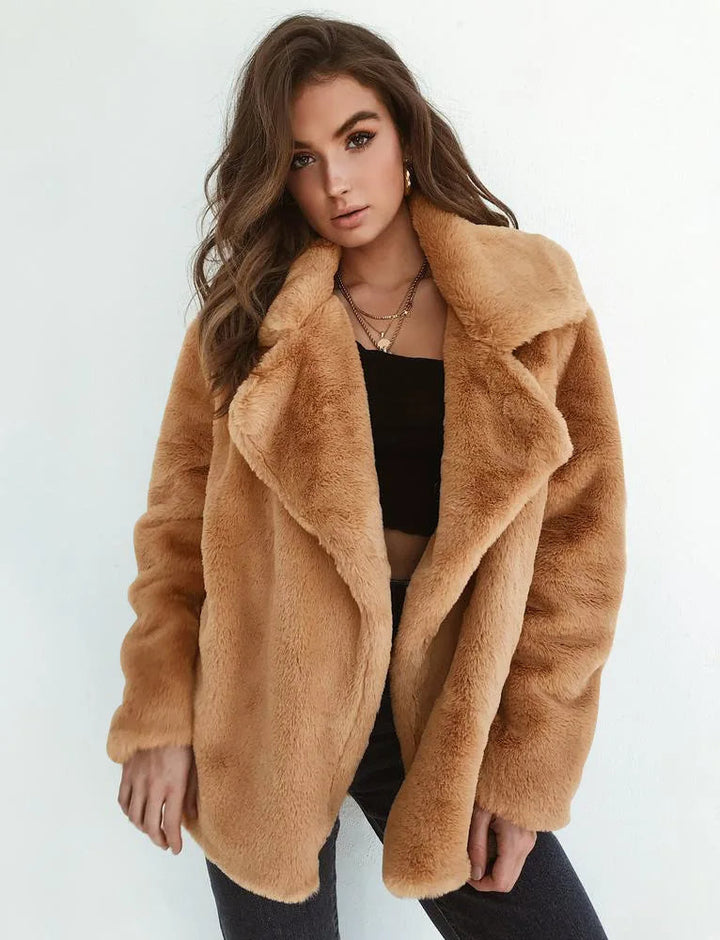 Women's Faux Fur Teddy Jacket with Wide Lapel Collar