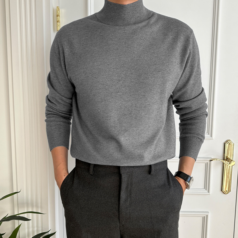 Men's fine knit mock neck jumper Piers in Grey – front view