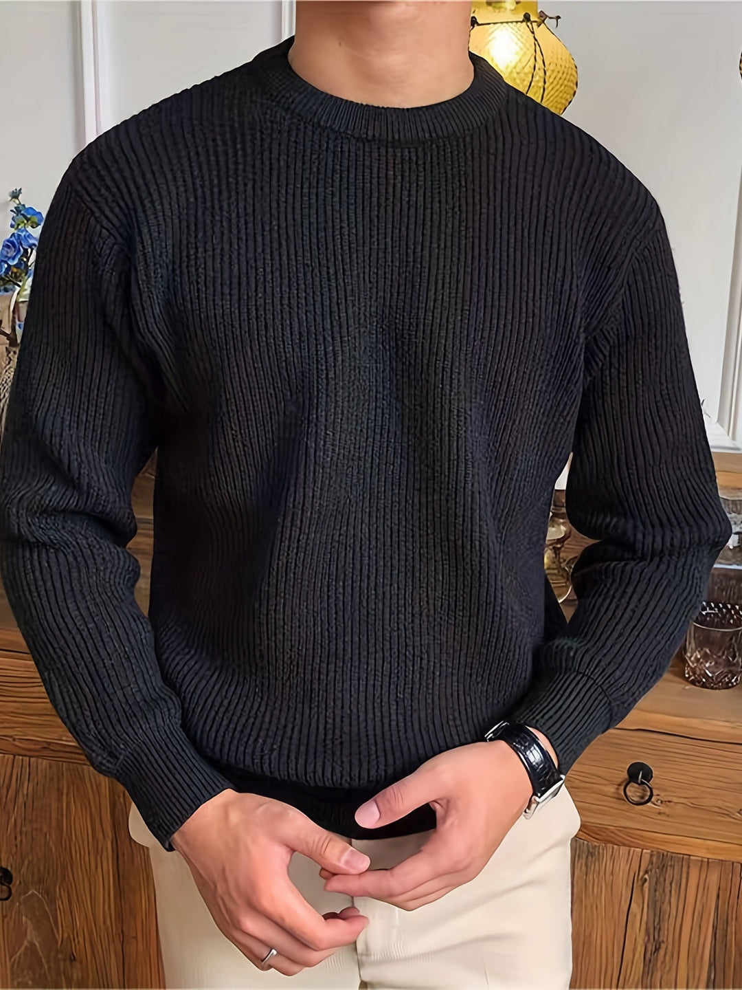 Men's ribbed crew neck jumper in black – Quinlan – front view hands together