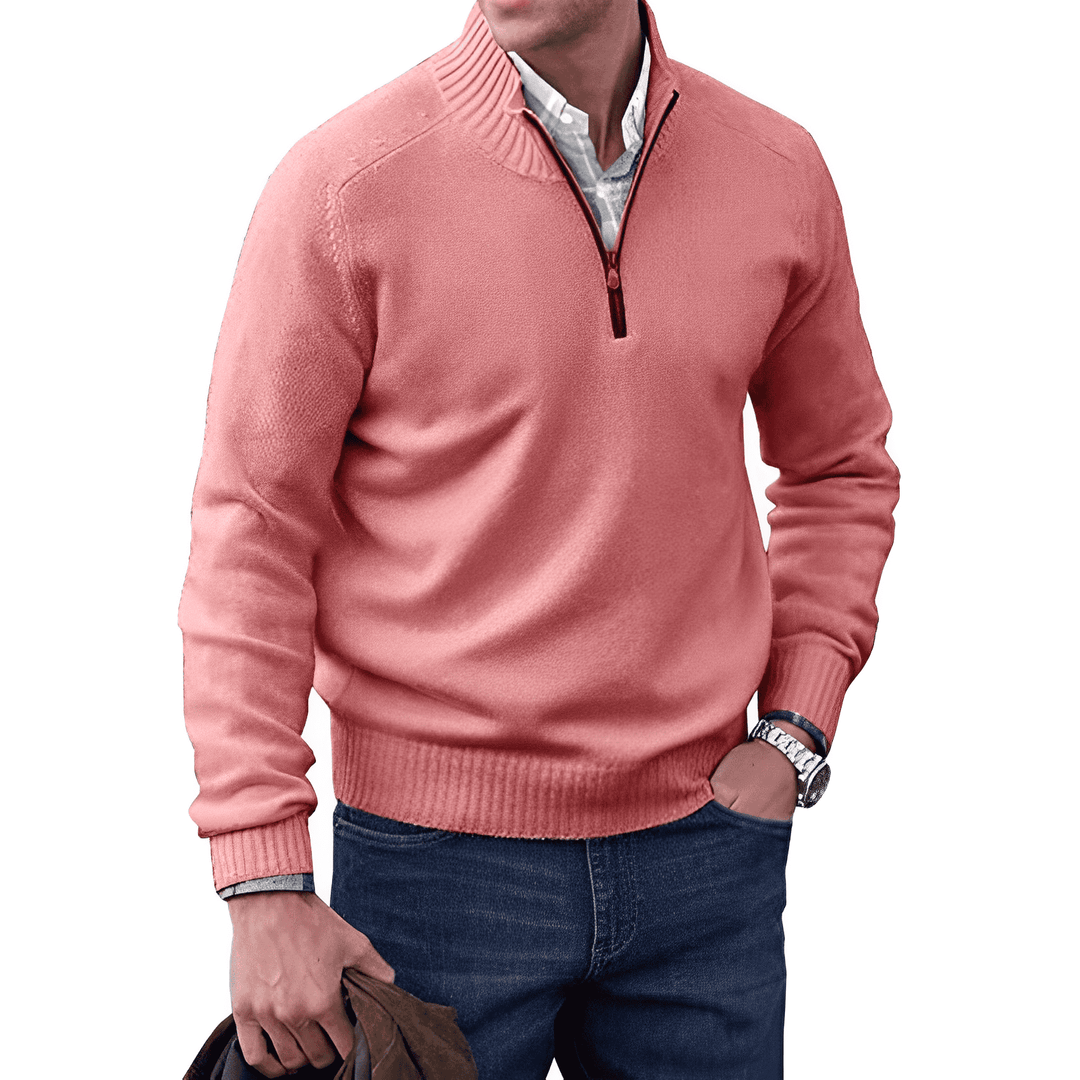Men's soft knit quarter zip jumper Linton in Pink – front view